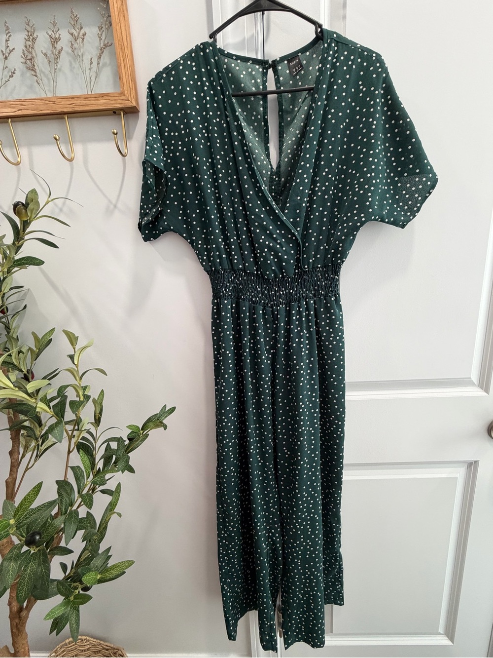 SHEIN Dark Green Polka Dot Wrap Jumpsuit